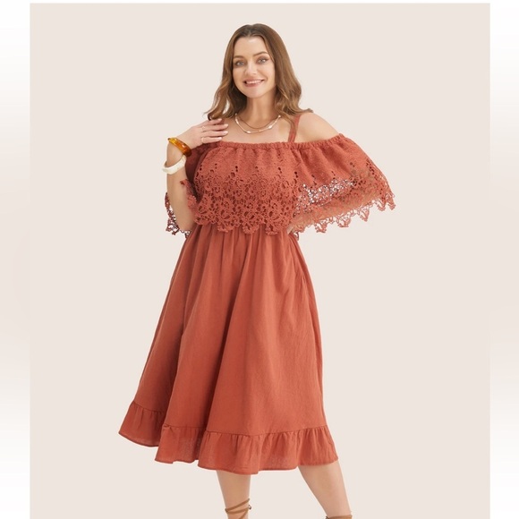 BloomChic Plus Size Solid Cold Shoulder Contrast Lace Pocket Ruffle Hem Dress - Picture 1 of 7